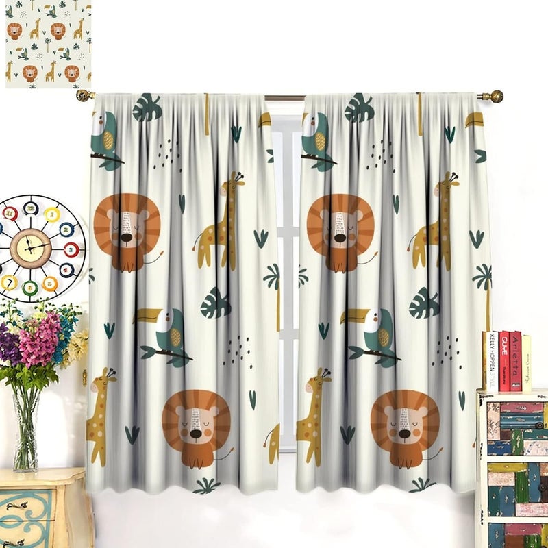 JanJCurt Cute Lion Window Curtains for Kids Bedroom,Cartoon Woodland Jungle Forest Wildlife Little Lion Giraffe Owl Palm Tree Printed Pattern Blackout Drapes for Living Room Baby Nursery Room 42x45 Inch - Image 3